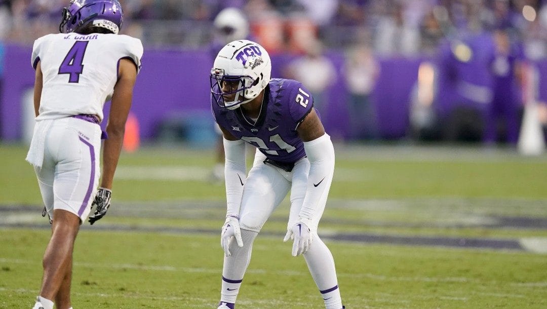 TCU cornerback Noah Daniels (21) lines up during the first half of an NCAA college football game against Tarleton State in Fort Worth, Texas, Saturday, Sept. 10, 2022.