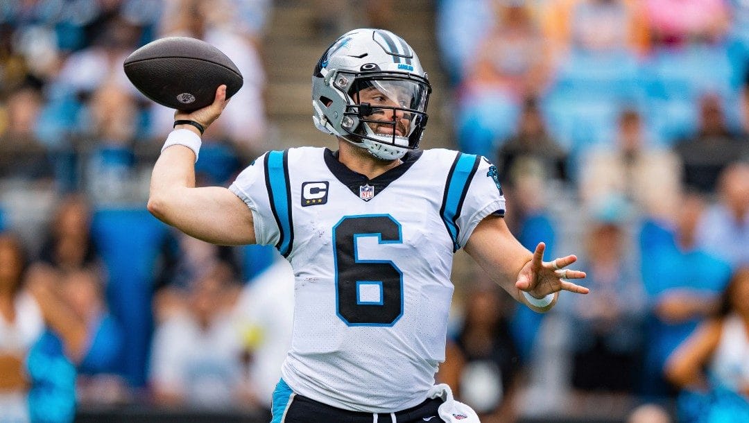 Carolina Panthers quarterback Baker Mayfield (6) plays against the New Orleans Saints during an NFL football game, Sunday, Sept. 25, 2022, in Charlotte, N.C.