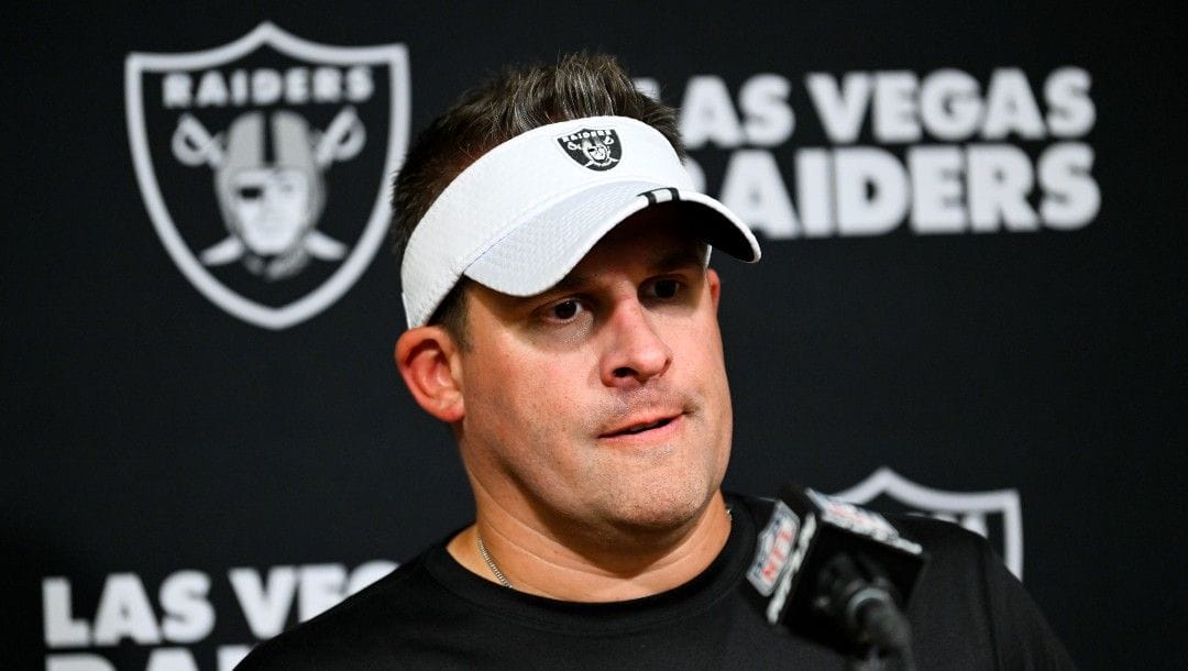 Las Vegas Raiders head coach Josh McDaniels answers questions after an NFL football game against the Tennessee Titans Sunday, Sept. 25, 2022, in Nashville, Tenn.