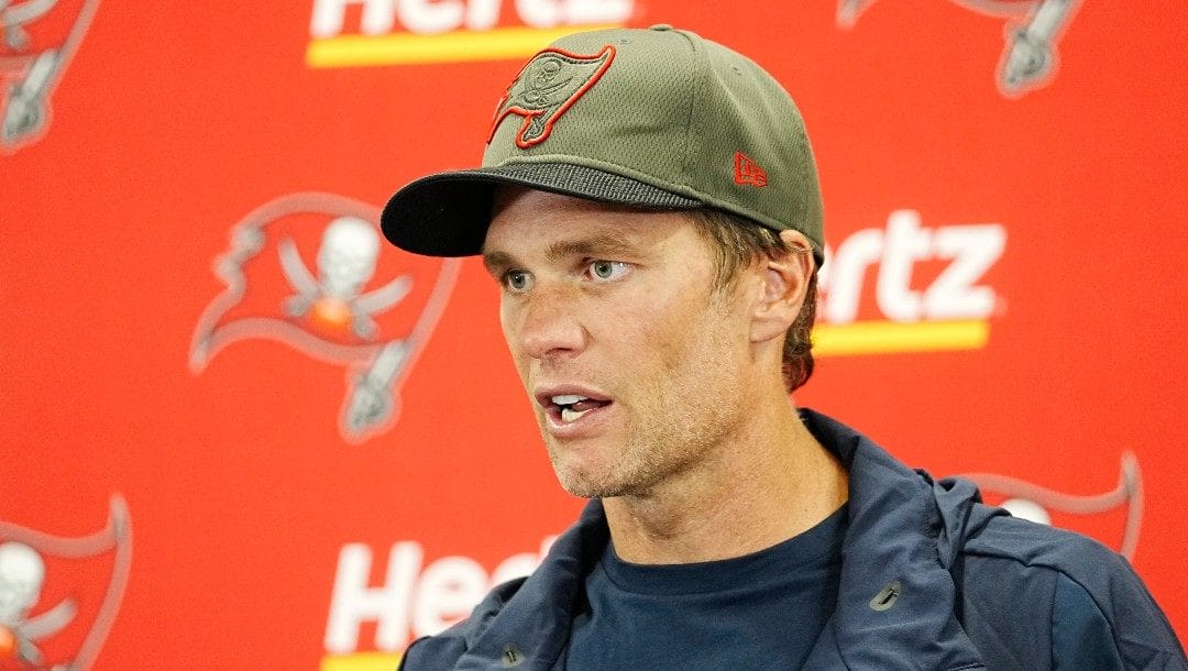 Tampa Bay Buccaneers quarterback Tom Brady (12) talks to the media after his teams 21-3 loss to the Carolina Panthers after an NFL football game Sunday, Oct. 23, 2022, in Charlotte, N.C.