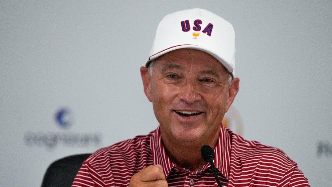 USA team captain Davis Love III speaks during a news conference after practice for the Presidents Cup golf tournament at the Quail Hollow Club, Tuesday, Sept. 20, 2022, in Charlotte, N.C.