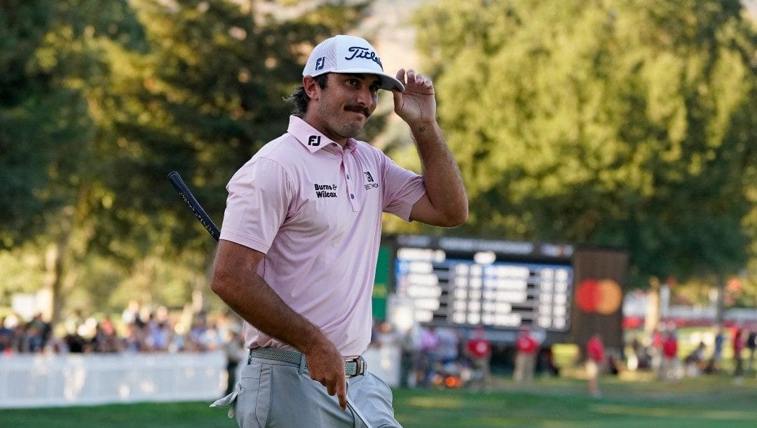 Max Homa acknowledges the crowd on the 18th green of the Silverado Resort North Course after finishing the final round of the Fortinet Championship PGA golf tournament Sunday, Sept. 19, 2021, in Napa, Calif. Homa won the tournament.