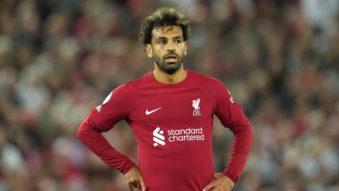 Liverpool's Mohamed Salah during the English Premier League soccer match between Liverpool and Newcastle United at Anfield stadium in Liverpool, England, England, Wednesday, Aug. 31, 2022. (AP Photo/Jon Super)