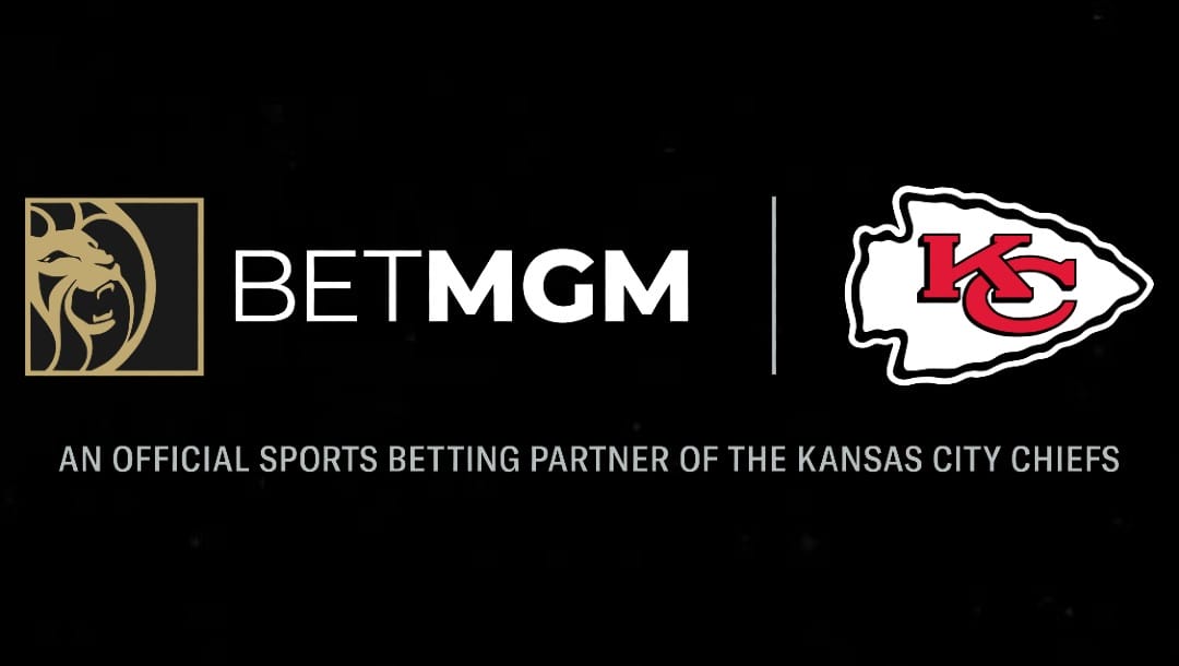 BetMGM and Kansas City chiefs logos on a black background with the text "an official sports betting partner of kansas city chiefs" underneath