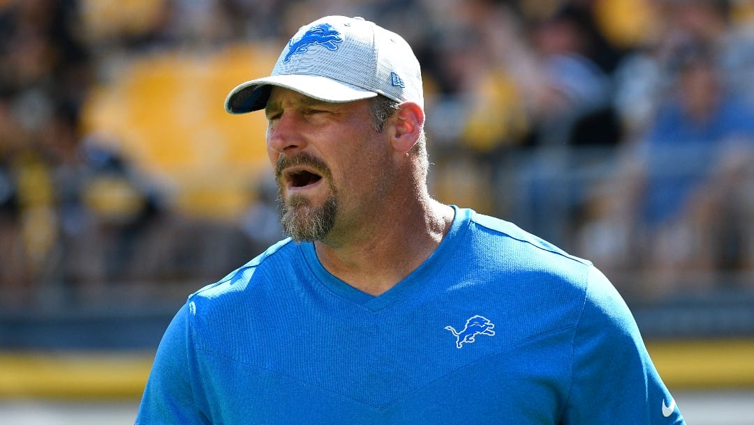 Detroit Lions head coach Dan Campbell yells to his team before an NFL preseason football game against the Pittsburgh Steelers, Sunday, Aug. 28, 2022, in Pittsburgh. (AP Photo/Don Wright)