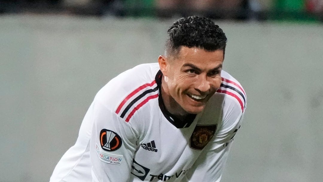 Manchester United's Cristiano Ronaldo smiles during the Europa League, group E soccer match between Sheriff Tiraspol and Manchester United at the Zimbru stadium, in Chisinau, Moldova, Thursday, Sept. 15, 2022.