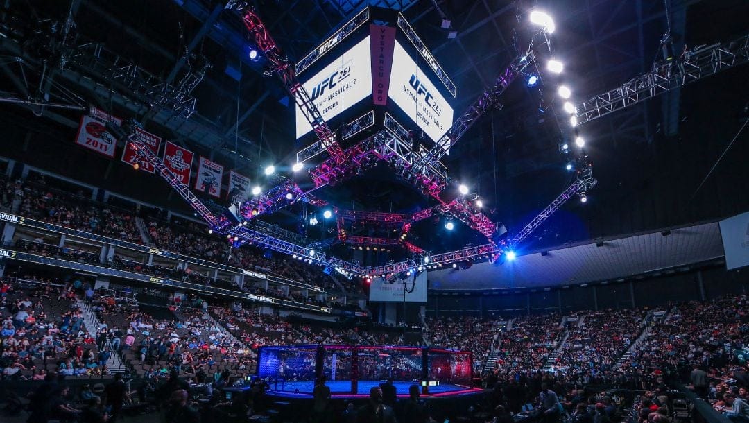 Fans await the next fight during a UFC 261 mixed martial arts event, Saturday, April 24, 2021, in Jacksonville, Fla.