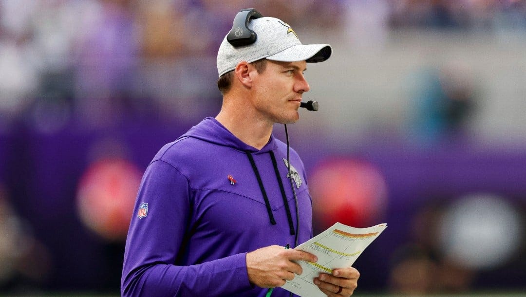 Minnesota Vikings head coach Kevin O'Connell in action during the second half of an NFL football game against the Green Bay Packers, Sunday, Sept. 11, 2022 in Minneapolis. (AP Photo/Stacy Bengs)