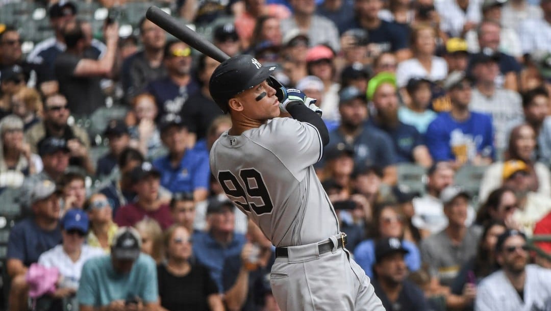 New York Yankees' Aaron Judge hits his fifty eighth homerun during the third inning of a baseball game against the Milwaukee Brewers Sunday, Sept. 18, 2022, in Milwaukee.