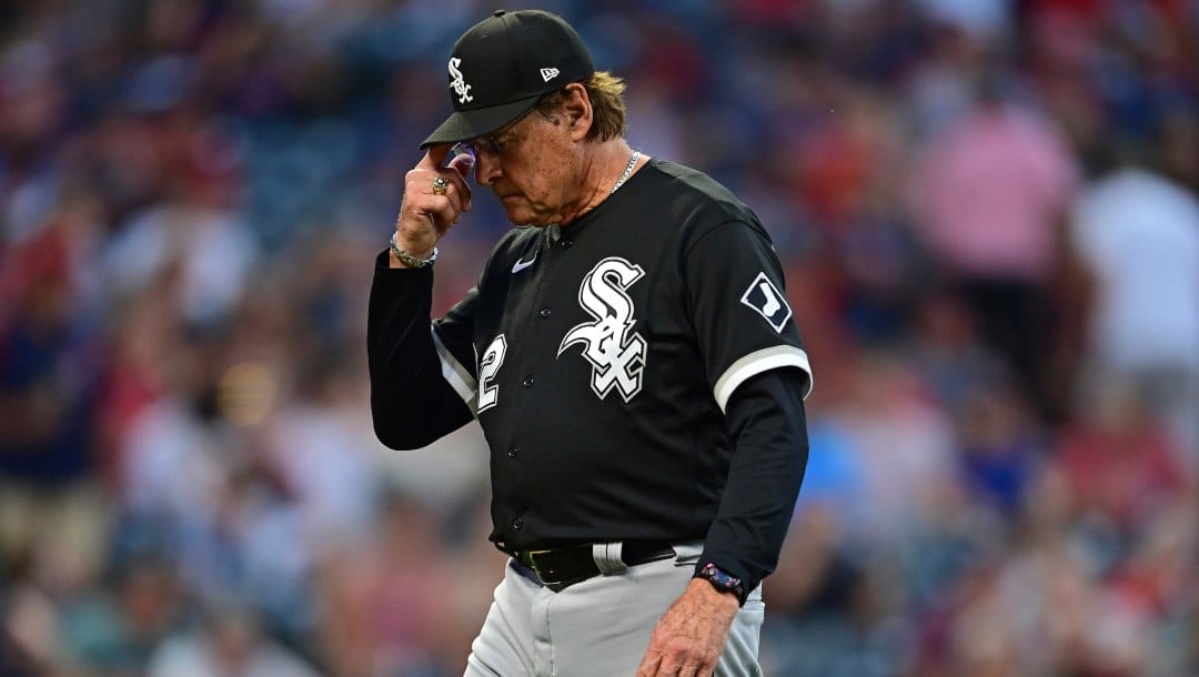 Chicago White Sox manager Tony La Russa walks to the dugout after removing starting pitcher Lance Lynn from the game in the fifth inning of a baseball game against the Cleveland Guardians, Monday, July 11, 2022, in Cleveland.