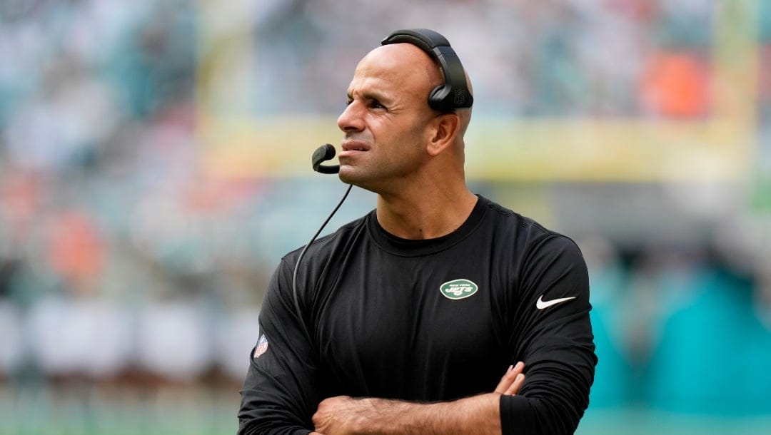 New York Jets head coach Robert Saleh watches during the first half of an NFL football game against the Miami Dolphins, Sunday, Jan. 8, 2023, in Miami Gardens, Fla. (AP Photo/Lynne Sladky)