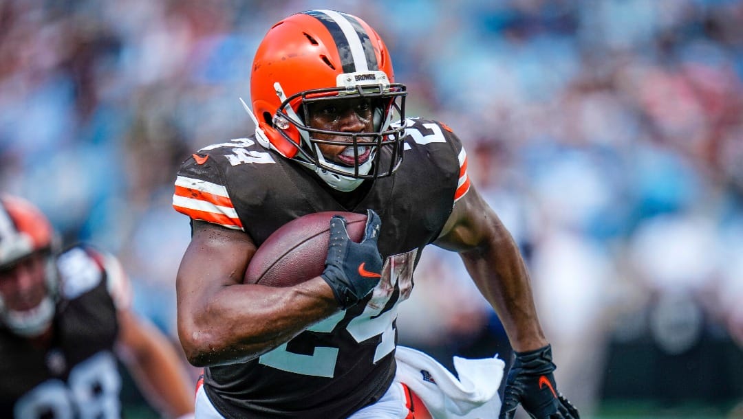 Cleveland Browns running back Nick Chubb (24) makes a run in the red zone against the Carolina Panthers during an NFL football game on Sunday, Sept. 11, 2022, in Charlotte, N.C. (AP Photo/Rusty Jones)