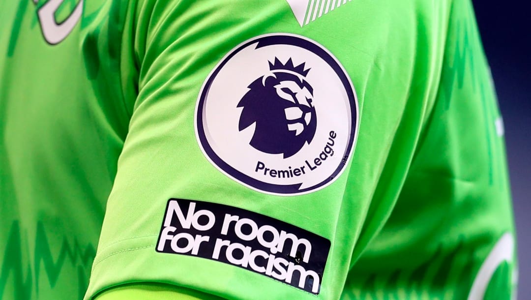 This Sunday, Sept. 13, 2020 file photo shows the "No Room For Racism" logo on the shirt of Everton's goalkeeper Jordan Pickford during the English Premier League soccer match between Tottenham Hotspur and Everton at the Tottenham Hotspur Stadium in London.