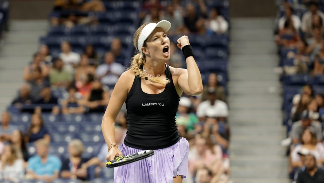 Danielle Collins, of the United States, celebrates after winning her match against Alize Cornet, of France, during the third round of the U.S. Open tennis championships, Saturday, Sept. 3, 2022, in New York.