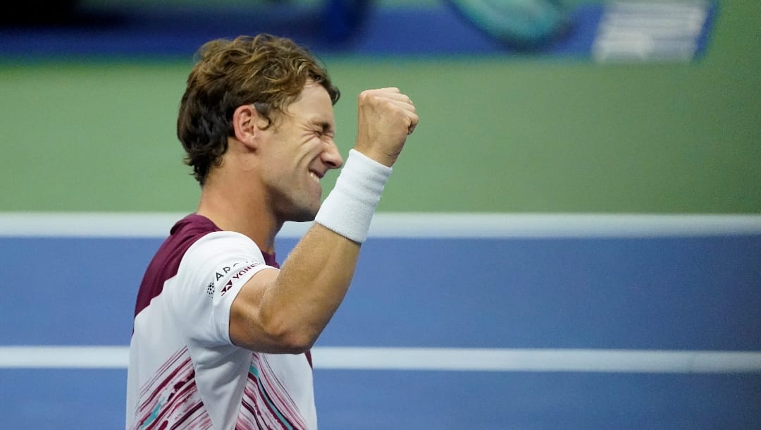 Casper Ruud, of Norway, reacts after defeating Matteo Berrettini, of Italy, during the quarterfinals of the U.S. Open tennis championships, Tuesday, Sept. 6, 2022, in New York.