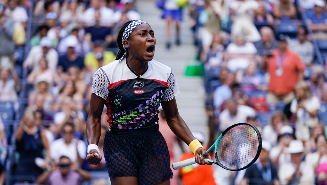 Coco Gauff, of the United States, reacts after defeating Madison Keys, of the United States, during the third round of the U.S. Open tennis championships, Friday, Sept. 2, 2022, in New York.
