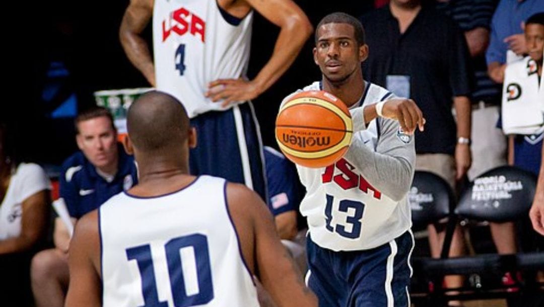 Chris Paul passes the ball to Kobe Bryant during Team USA's practice.
