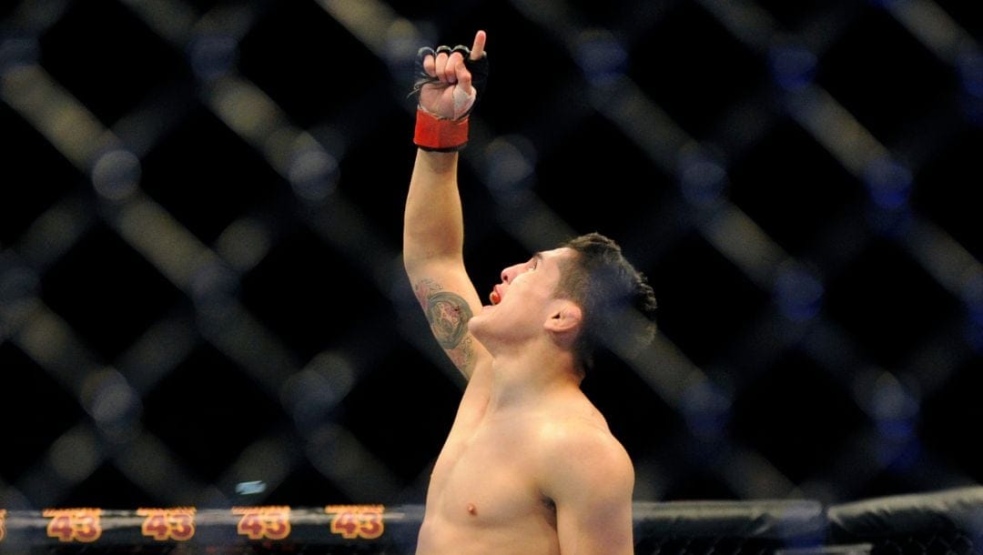 Erik Perez reacts after winning his UFC 155 bantamweight bout against Byron Bloodworth at the MGM Grand Garden Arena.