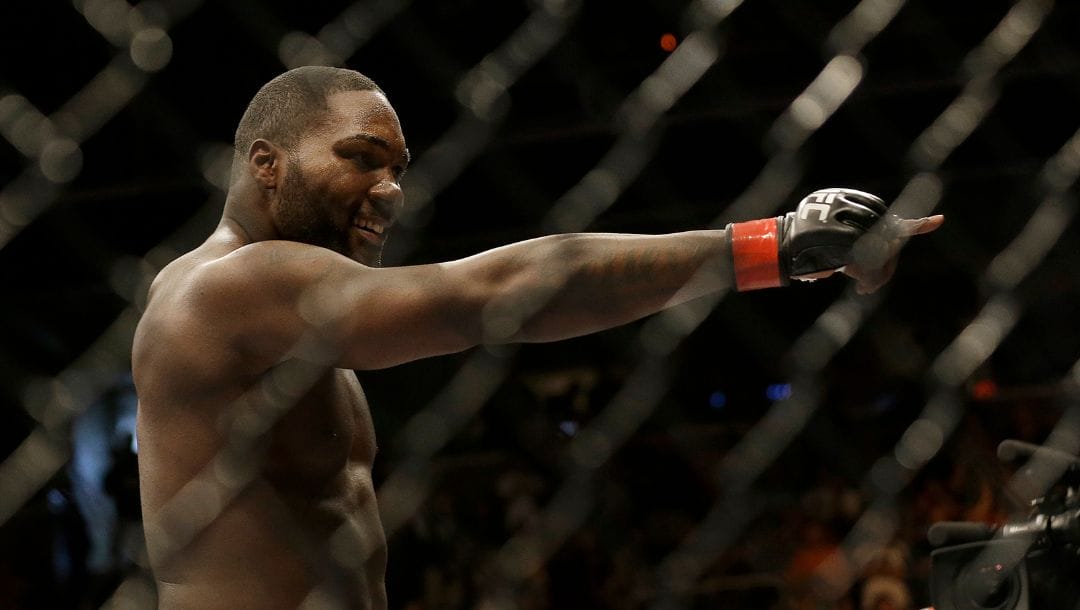 Anthony Johnson celebrates after beating Antonio Rogerio Nogueira by technical knockout during the first round.