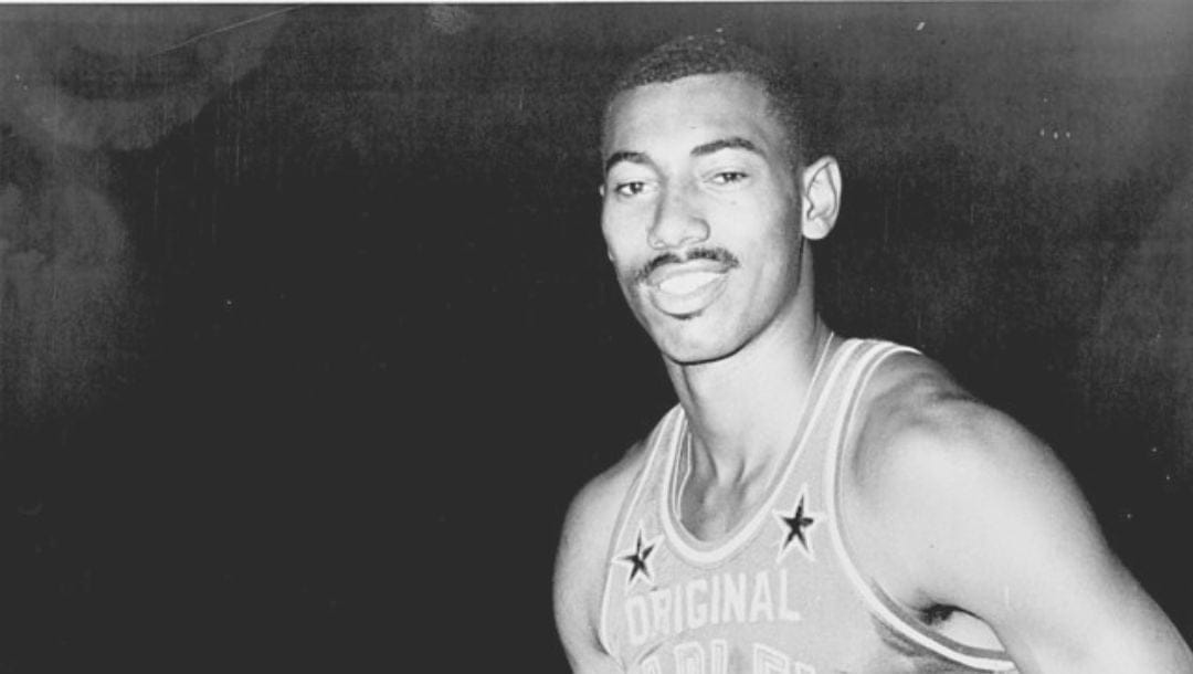 Wilt Chamberlain during a basketball photoshoot in 1959.