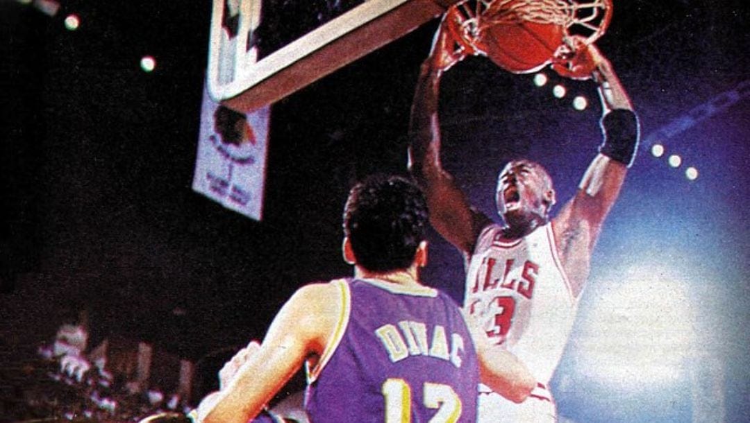 Michael Jordan dunks during the 1991 NBA Finals against the Los Angeles Lakers.