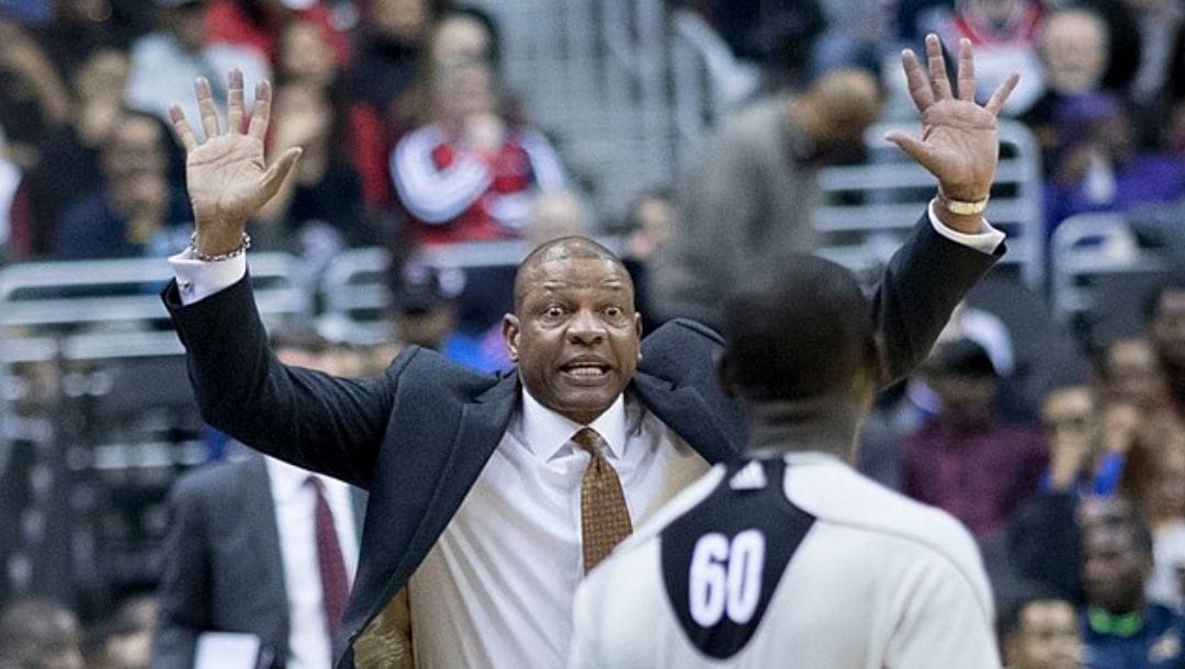 Doc Rivers talks to the referee in an NBA game in December 2016.