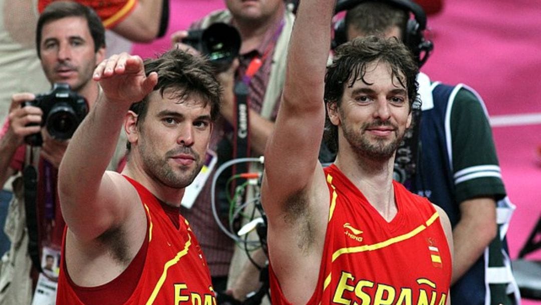 Marc (left) and Pau Gasol playing for Spain.