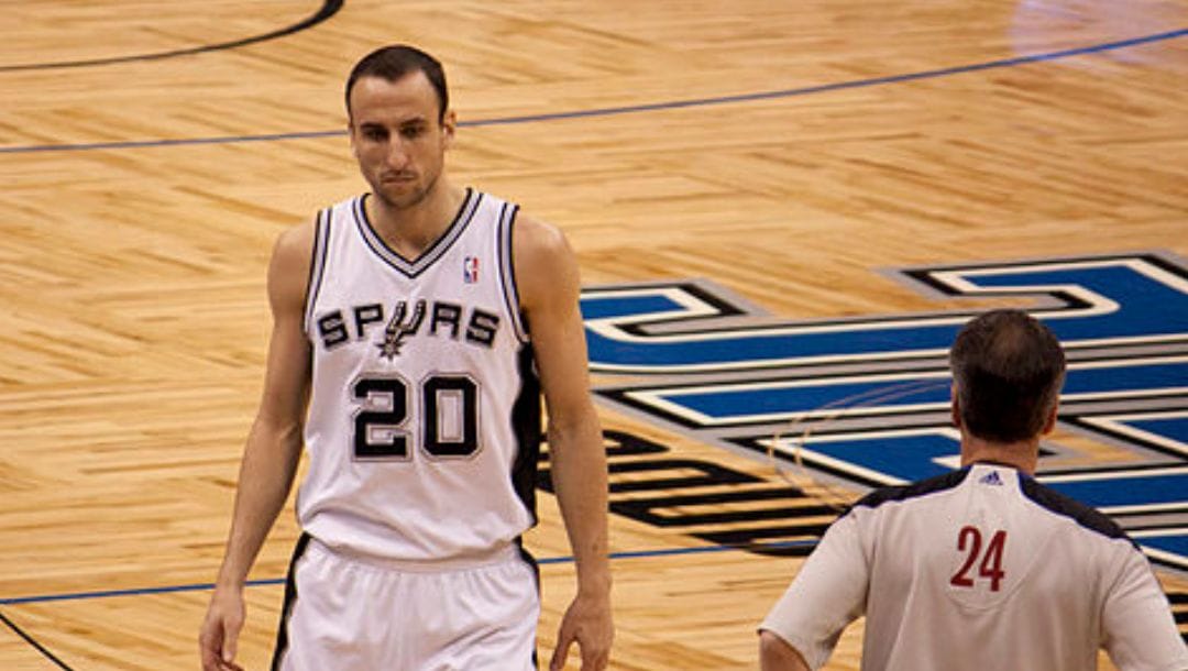 Manu Ginobili sees action during an NBA game against the Orlando Magic in 2010.