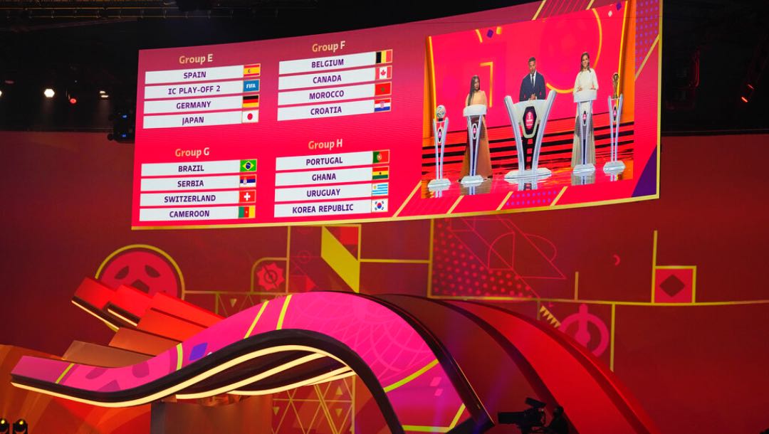 Groups E, F, G and H and displayed on screen during the 2022 soccer World Cup draw at the Doha Exhibition and Convention Center in Doha, Qatar.