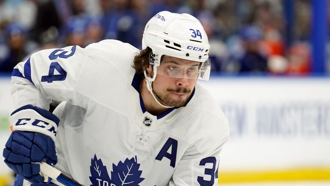 Toronto Maple Leafs center Auston Matthews (34) during the first period in Game 4 of an NHL hockey first-round playoff series against the Tampa Bay Lightning Sunday, May 8, 2022, in Tampa, Fla. (AP Photo/Chris O'Meara)