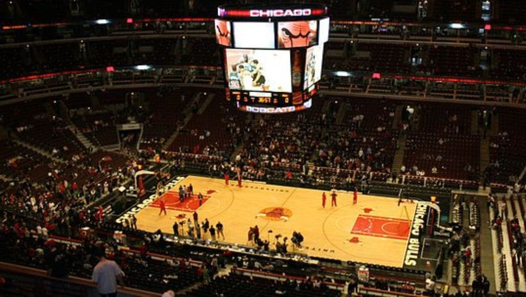 Inside the United Center, home of the Chicago Bulls, during an NBA game.