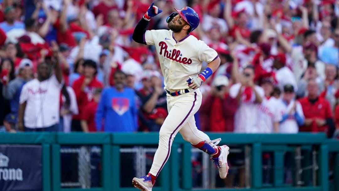 Philadelphia Phillies designated hitter Bryce Harper (3) runs the bases after his solo homer during the eighth inning in Game 4 of baseball's National League Division Series between the Philadelphia Phillies and the Atlanta Braves, Saturday, Oct. 15, 2022, in Philadelphia.