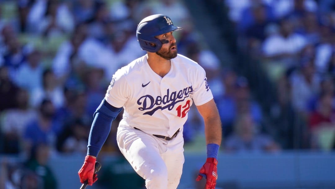 Los Angeles Dodgers' Joey Gallo watches his hit during the eighth inning of a baseball game against the St. Louis Cardinals Sunday, Sept. 25, 2022, in Los Angeles.