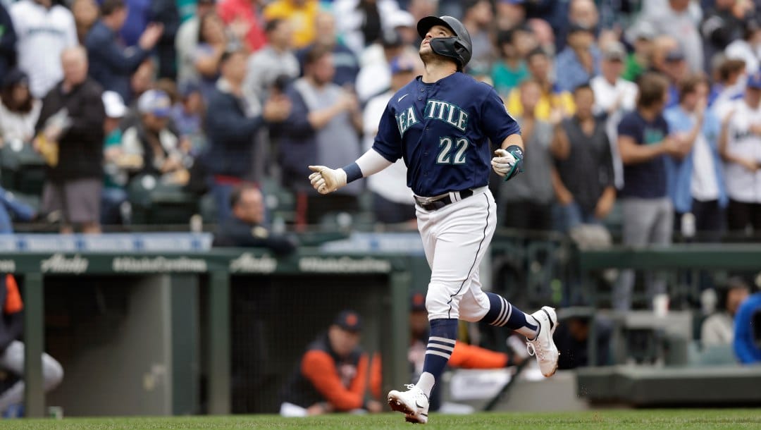 Seattle Mariners' Luis Torrens reacts as he rounds the bases on his solo home run against the Detroit Tigers during a baseball game, Wednesday, Oct. 5, 2022, in Seattle.