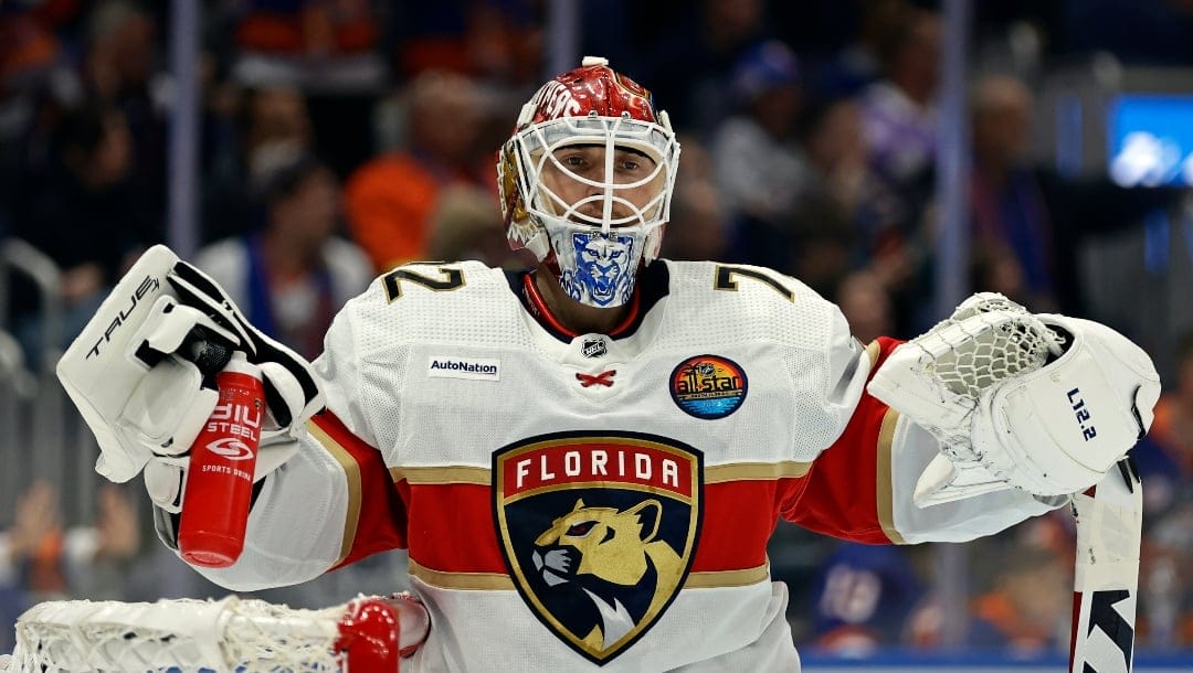 Florida Panthers goaltender Sergei Bobrovsky (72) reacts against the New York Islanders in the second period of an NHL hockey game Thursday, Oct. 13, 2022, in Elmont, N.Y.