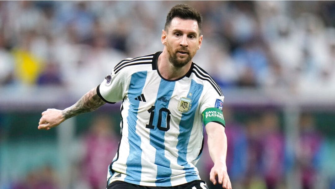 Argentina's Lionel Messi in action during the World Cup group C soccer match between Argentina and Mexico at the Lusail Stadium in Lusail, Qatar, Saturday, Nov. 26,.