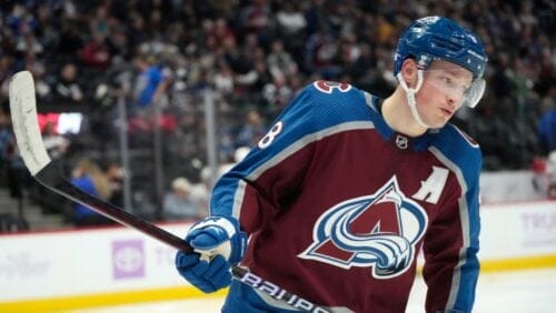 Colorado Avalanche defenseman Cale Makar (8) in the second period of an NHL hockey game Saturday, Nov. 12, 2022, in Denver. (AP Photo/David Zalubowski)