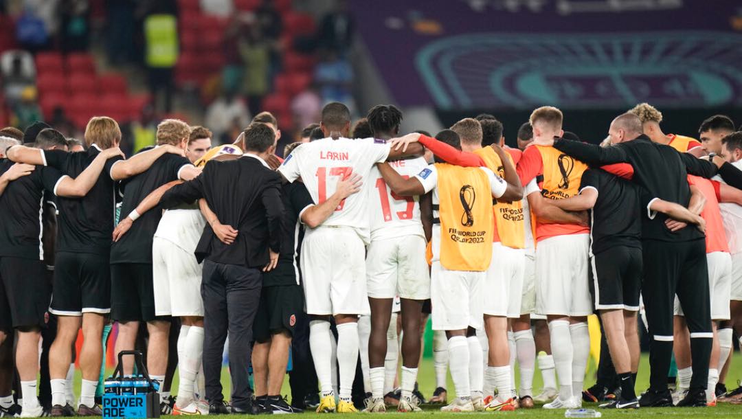 Canada's players and team react at the end of the World Cup group F soccer match between Belgium and Canada, at the Ahmad Bin Ali Stadium in Doha, Qatar, Wednesday, Nov. 23, 2022.