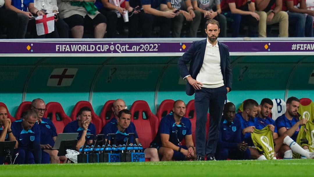 England's head coach Gareth Southgate watches play during the World Cup group B soccer match between England and The United States, at the Al Bayt Stadium in Al Khor.