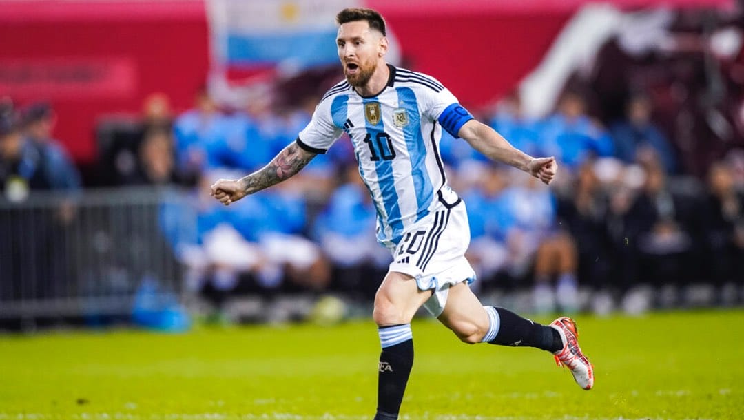 Lionel Messi Celebrates scoring a goal for Argentina