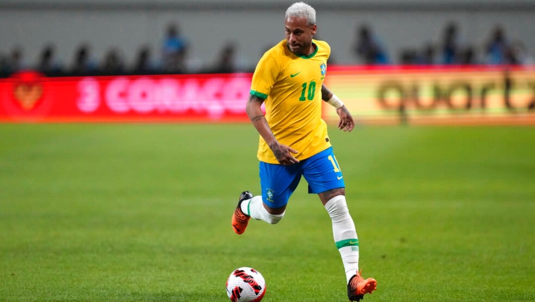 Brazil's Neymar dribbles the ball during a friendly soccer match between South Korea and Brazil at Seoul World Cup Stadium in Seoul, Thursday, June 2, 2022.