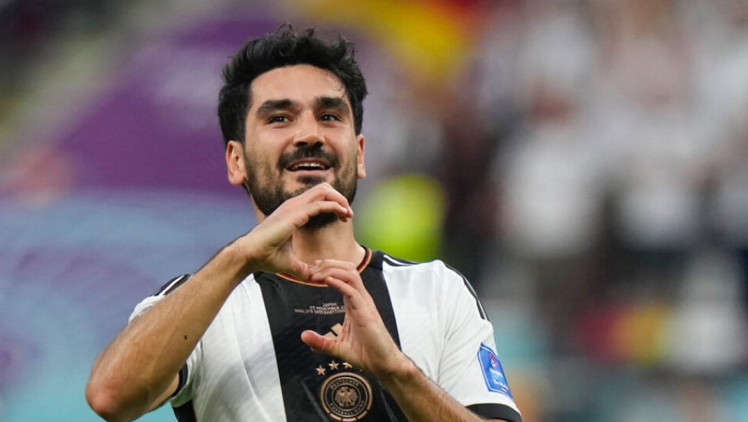 Germany's Ilkay Gundogan celebrates after scoring during the World Cup group E soccer match between Germany and Japan, at the Khalifa International Stadium in Doha, Qatar, Wednesday, Nov. 23, 2022.