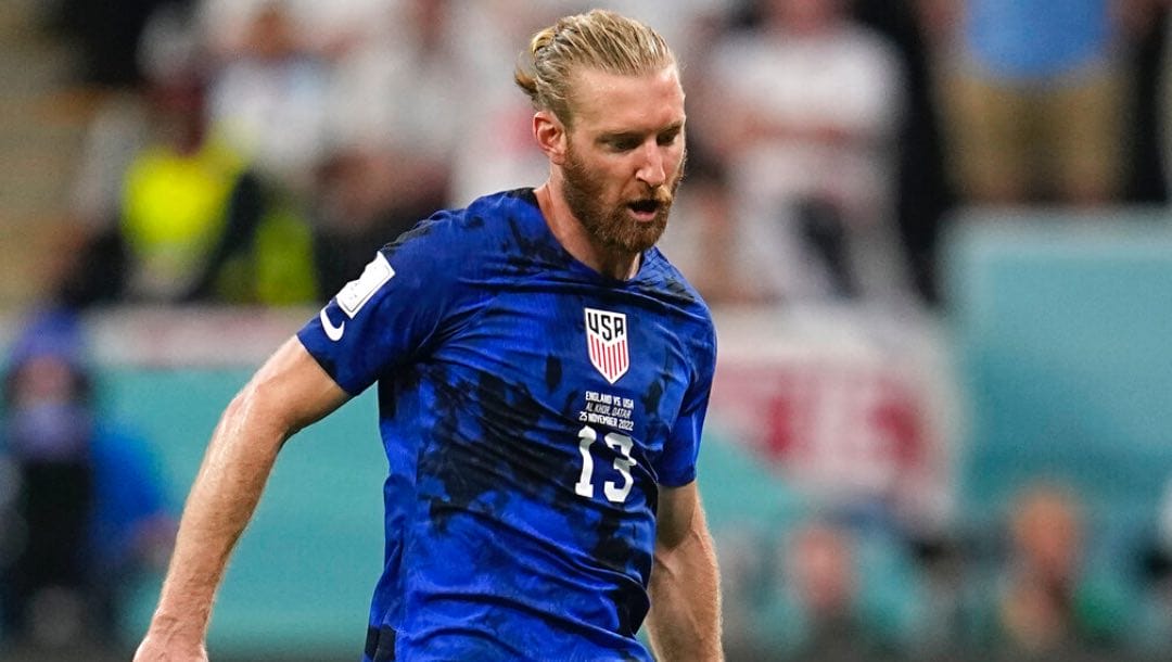 Tim Ream of the United States controls the ball during the World Cup group B soccer match between England and the United States, at the Al Bayt Stadium in Al Khor, Qatar, Friday, Nov. 25, 2022.