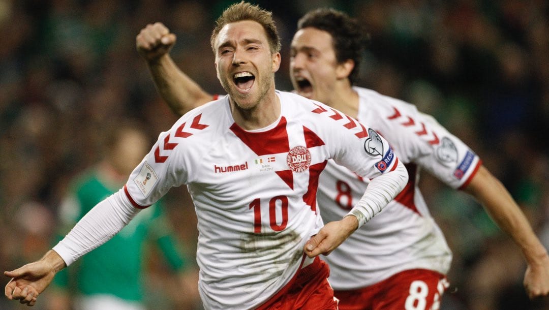 Denmark's Christian Eriksen celebrates after scoring his side's third goal during the World Cup qualifying play off second leg soccer match between Ireland and Denmark at the Aviva Stadium in Dublin, Ireland.