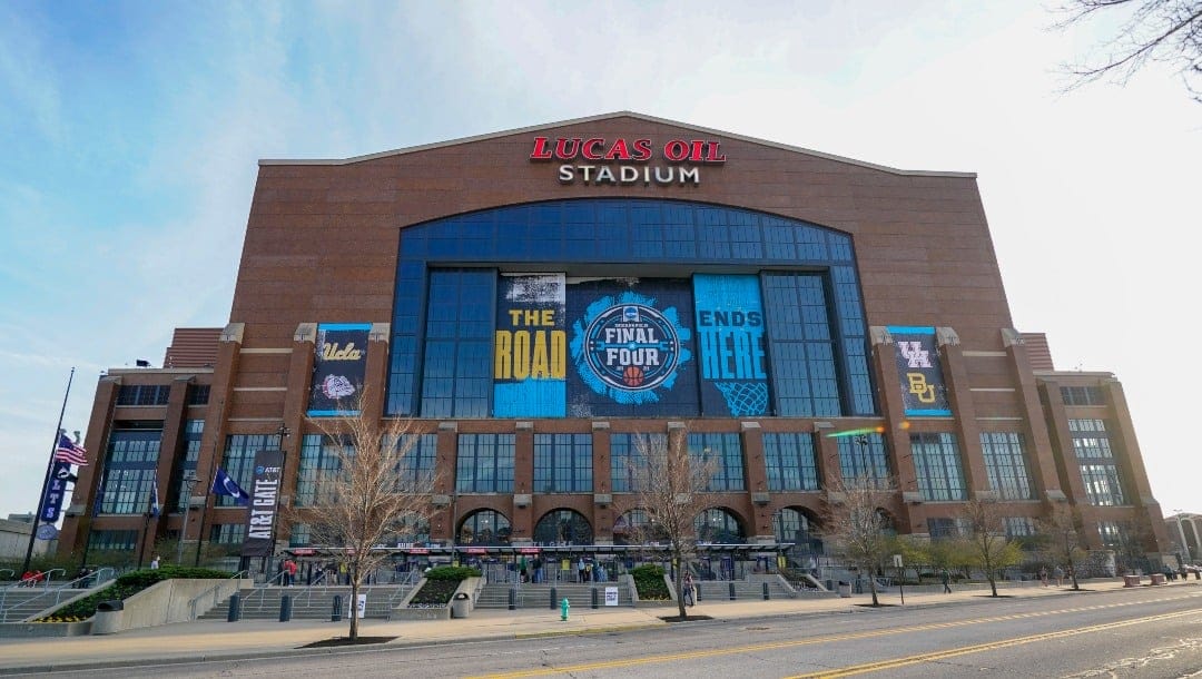 General exterior view of Lucas Oil Stadium before Baylor plays Gonzaga in the NCAA tournament championship basketball game in Indianapolis, Monday, April 5, 2021. (AP Photo/AJ Mast)