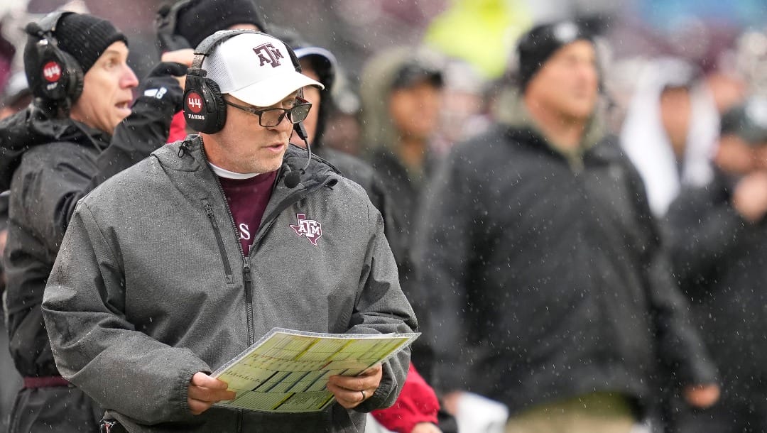 Texas A&M head coach Jimbo Fisher calls plays against Massachusetts during the first quarter of an NCAA college football game Saturday, Nov. 19, 2022, in College Station, Texas. (AP Photo/Sam Craft)