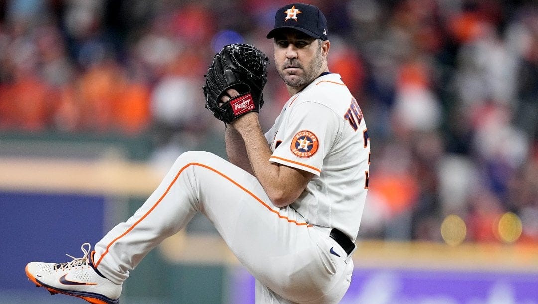 Houston Astros starting pitcher Justin Verlander (35) during the first inning in Game 1 of baseball's American League Championship Series between the Houston Astros and the New York Yankees, Wednesday, Oct. 19, 2022, in Houston.