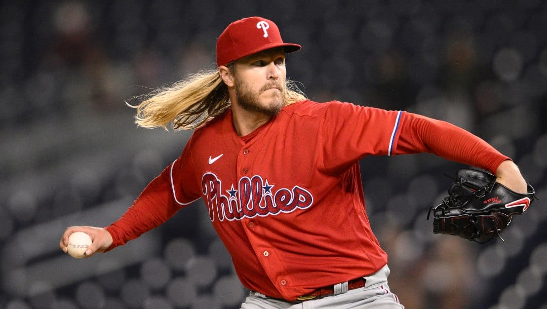 Philadelphia Phillies starting pitcher Noah Syndergaard (43) in action during the second baseball game of a doubleheader against the Washington Nationals, Saturday, Oct. 1, 2022, in Washington.