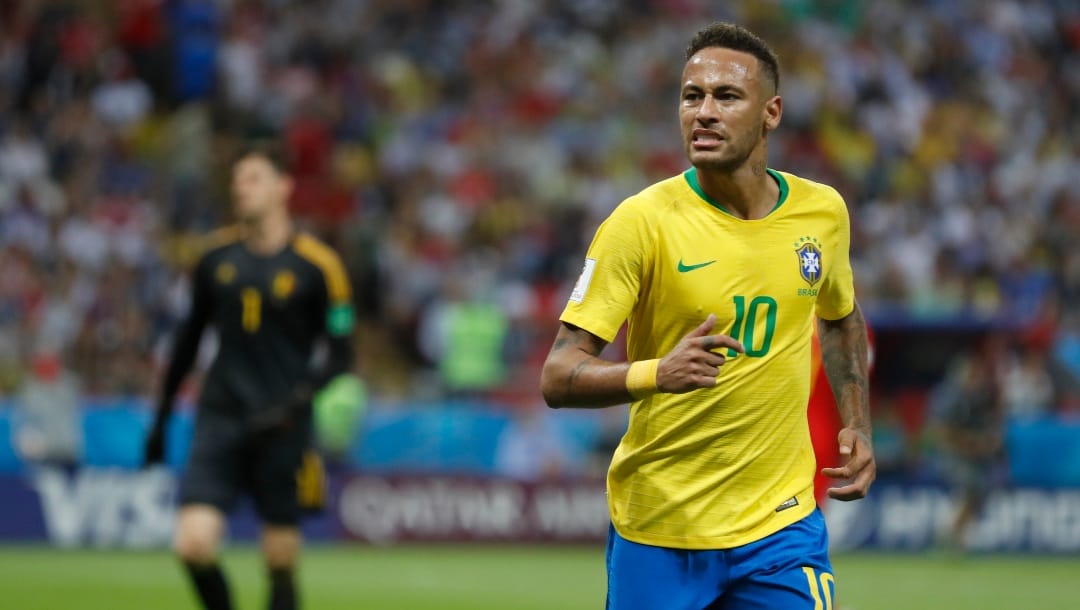 Brazil's Neymar grimaces during the quarterfinal match between Brazil and Belgium at the 2018 soccer World Cup in the Kazan Arena, in Kazan, Russia, Friday, July 6, 2018. (AP Photo/Eduardo Verdugo)