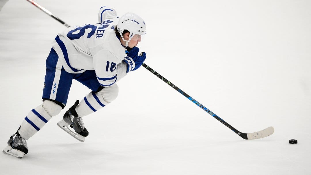 Toronto Maple Leafs right wing Mitchell Marner (16) in action during the third period of an NHL hockey game against the Washington Capitals, Sunday, April 24, 2022, in Washington. The Maple Leafs won 4-3 in a shootout.